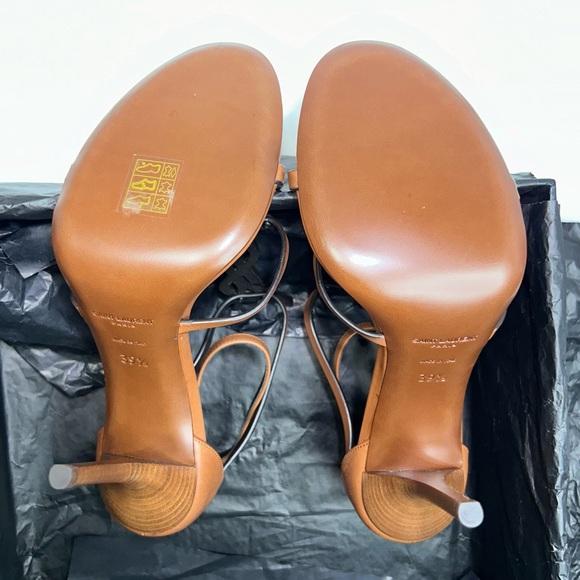 SAINT LAURENT CASSANDRA 100 SANDAL METAL YSL LOGO BROWN LEATHER SZ 39.5 NEW! - Picture 10 of 16